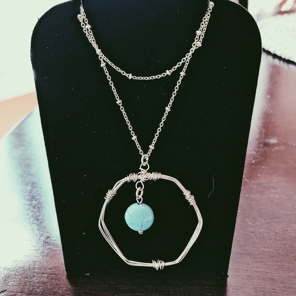 Worn Silvertone Wire Wrapped Hexagon with Bead